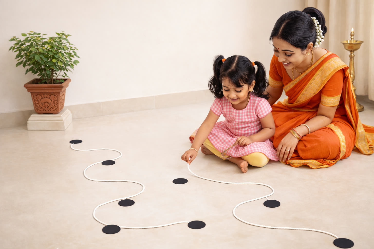 माँ और बेटी दोनों एक साथ बैठकर dot pattern activity कर रहे हैं