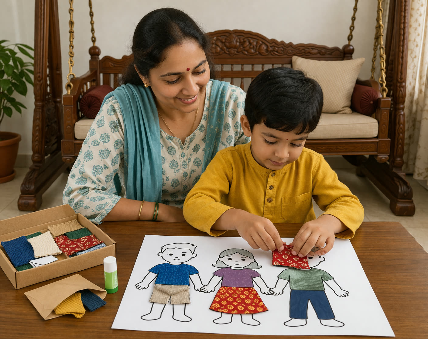 माँ और बेटा एक साथ paper cutout activity कर रहे हैं