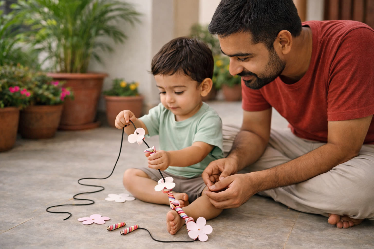 पिता और छोटा बच्चा flower threading activity कर रहे हैं