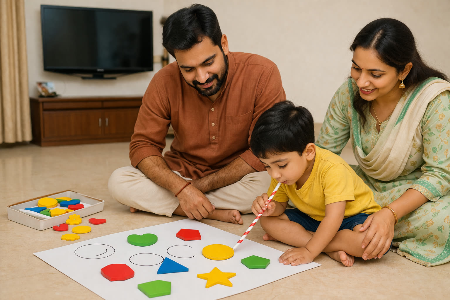 पूरा परिवार एक साथ shape sorting activity कर रहा है