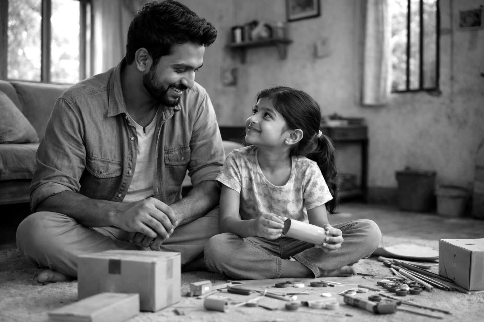 पिता बच्चे के साथ शांत साथ में एक activity कर रहा है